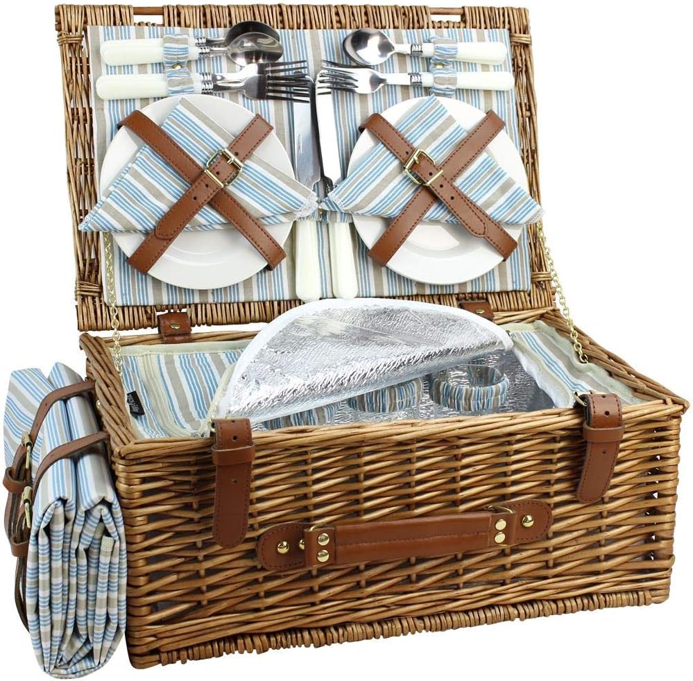 eezysong's handmade wicker picnic basket for 2 with insulated cooler, ceramic plates, utensils and wine glasses best christmas gifts for a lady who is newly married
